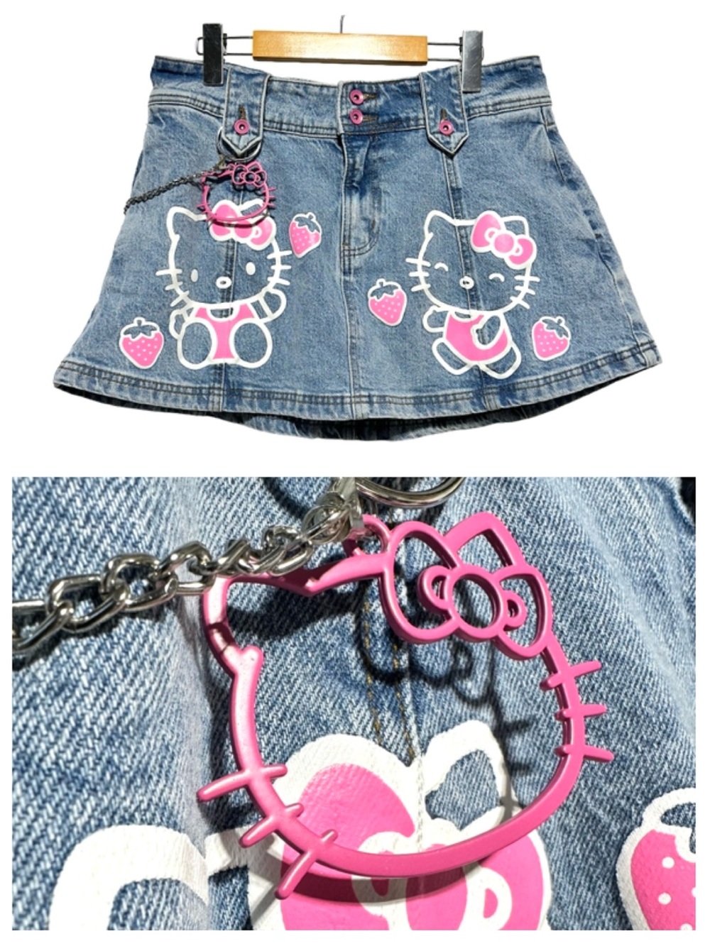 HELLO KITTY Denim Mini Skirt Chain Charm Kawaii Y2K Coquette LG